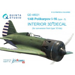 QUINTA STUDIO QD48021 1/48 I-16 type 5 3D-Printed & coloured Interior on decal paper (for conversion from all I-16 type 10 kits)