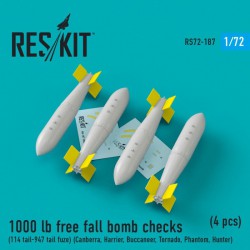 RESKIT RS72-0187 1/72 1000 lb free fall bomb checks (114 tail-947)
