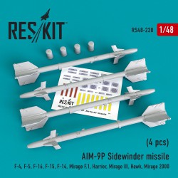 RESKIT RS48-0238 1/48 AIM-9P Sidewinder  missile (4 pcs) F-4, F-5, F-16, F-15, F-14, Mirage F.1, Harrier, Mirage III,
