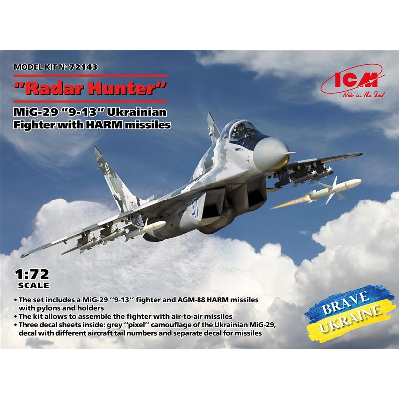 ICM 72143 1/72 Radar Hunter MiG-29 '9-13 Ukrainian Fighter with HARM missiles